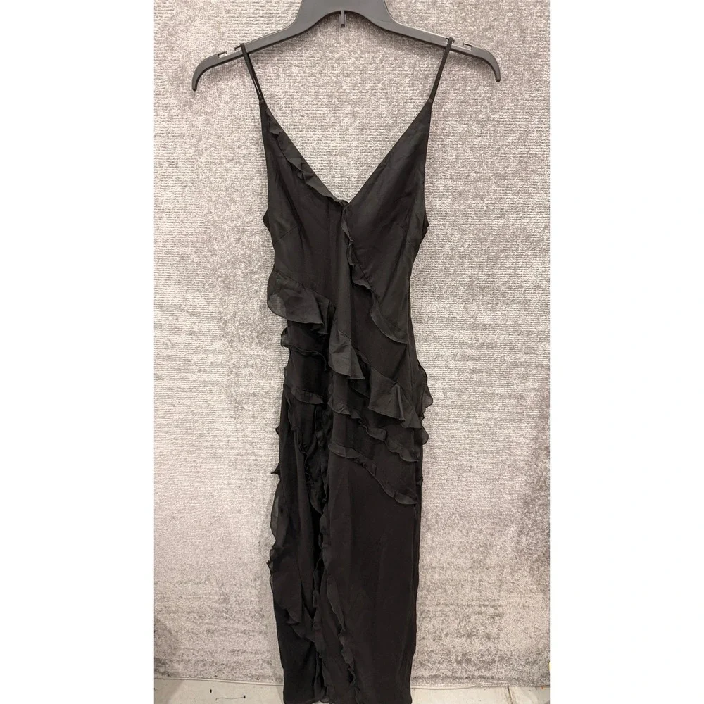 Abercrombie & Fitch Womens Maxi Dress ST Black Ruffle Front High Slit V-Neck